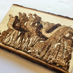 Hariri&#39;s maqamat camel woodburned scene; Wall hanging; Islamic art; Medieval miniature; wooden home decor; old world art; historical art;