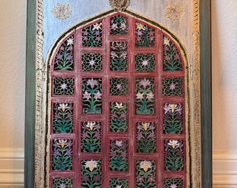 The Arabesque® Wooden Wall Hanging With Historic Mughal Style Jali Design, Laser engraved and Hand-painted.