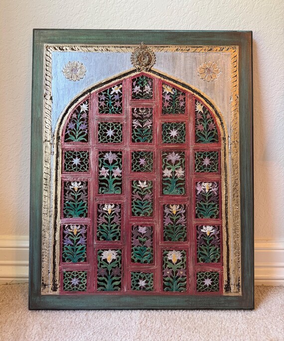 The Arabesque® Wooden Wall Hanging With Historic Mughal Style Jali Design, Laser engraved and Hand-painted.