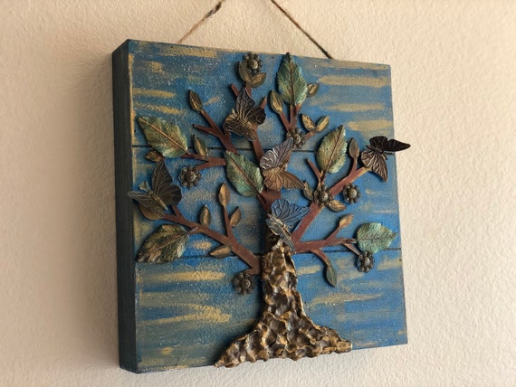 Rustic Wooden Wall Art - Hangable Artwork With Metallic Enchanted Tree  Art And Butterfly Accents by The Arabesque®