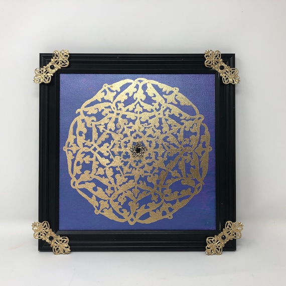 The Arabesque® 11"x 11" Square Framed Modern-Look Wall Art With Medieval Tenth-Century Metallic Gold Painted Samanid Arabesque Pattern