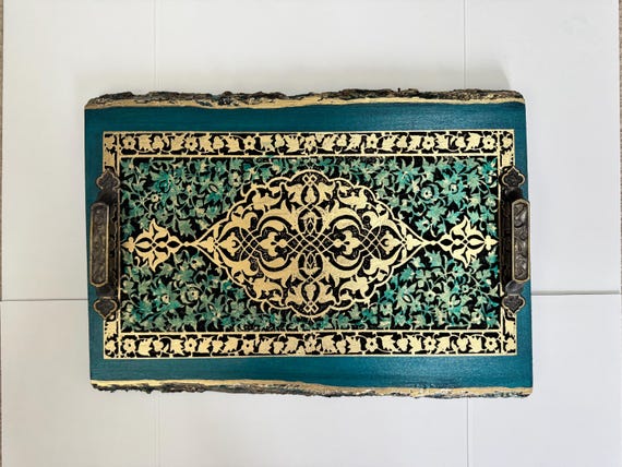 The  Arabesque® "The Emblem Design Ottoman or Coffee Table Tray With Painted Flowers and Leaf Pattern