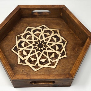 The Arabesque Wooden Hexagon Coffee Table Decor Tray With a Medieval Geometric Woodburned Arabesque Woodburned Pattern.