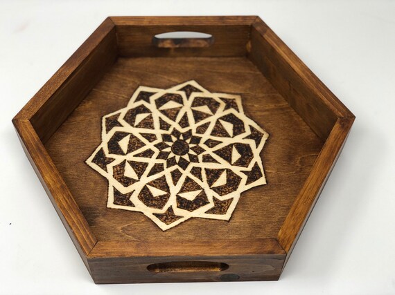 The Arabesque Wooden Hexagon Coffee Table Decor Tray With a Medieval Geometric Woodburned Arabesque Woodburned Pattern.