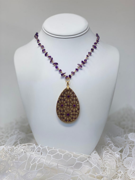 The Arabesque® Medieval Geometric Pattern Wooden Teardrop Pendant with Amethyst Nugget  24k Goldplated Rosary Necklace (30" can be adjusted)