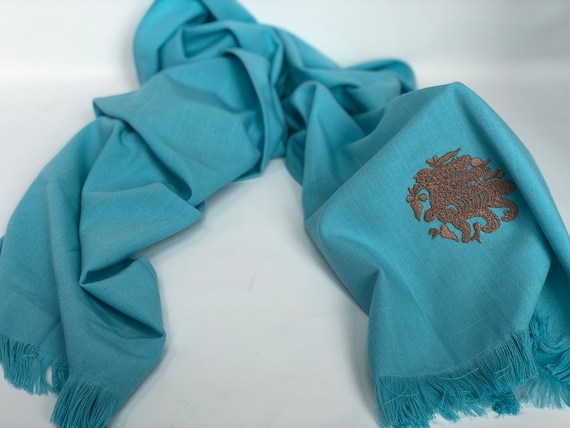 The Arabesque's Fine Linen Sky-blue Bunny Scarf. All-Year Stylish Handmade Scarf With Embroidered Medieval Arabesque Hare