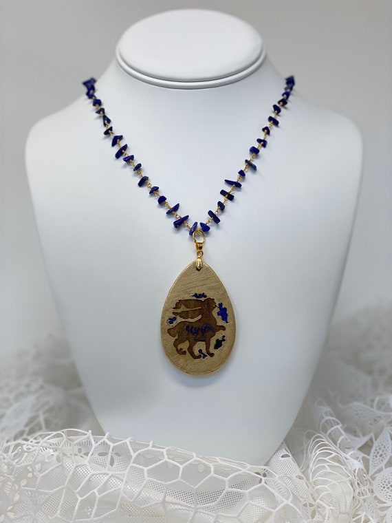 The Arabesque® Wooden Engraved Medieval Bunny Teardrop Pendant with Lapis Lazuli Nugget Bead 24k Gold Plated Rosary Necklace