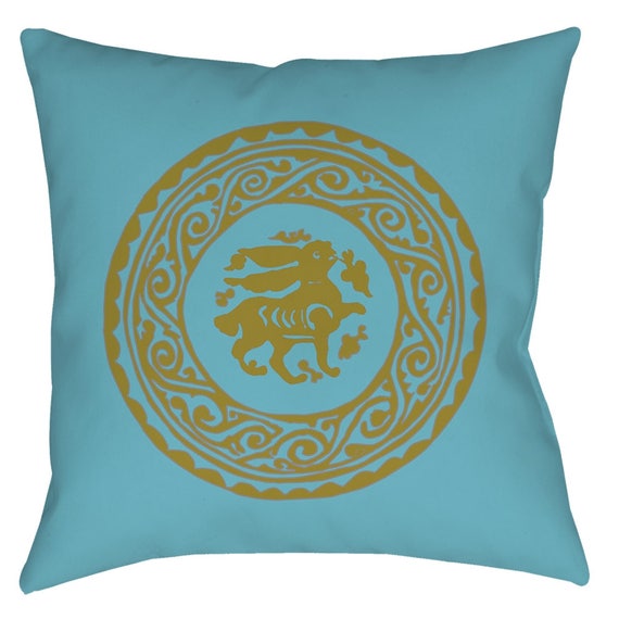 The Arabesque Bunny 18 x 18 Inch Pillow In Light Blue And Gold Print