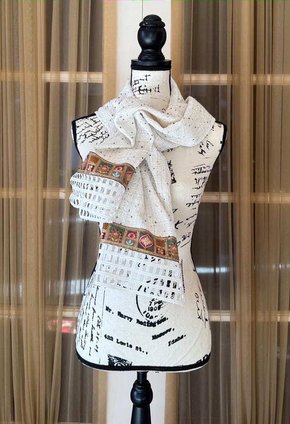 The Arabesque® Handmade Beaded Scarf With Beautiful Intricate Colorful trim and Lace - Day and Evening  Elegant Wear Accessory