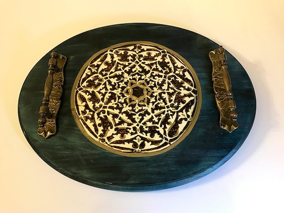 Handmade and Handcrafted 11 x 14" Oval Wooden Decorative Tray With A Medieval Samanid Floral Arabesque Design For Coffee Table Or Ottoman