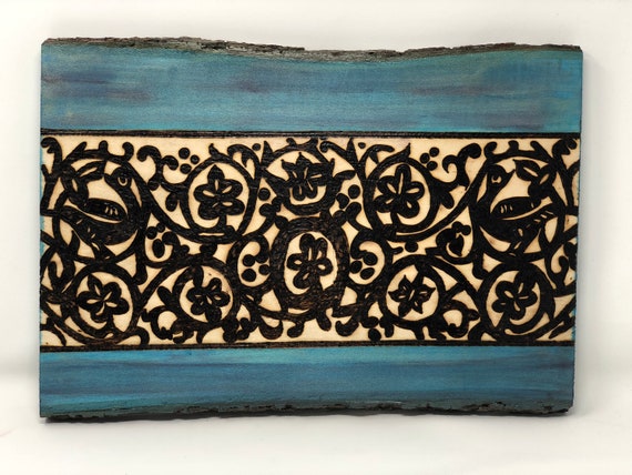 Elegant Wooden 11 x 16" Wall Hanging With Woodburned Medieval Abbasid Inspired Vine and Scroll Arabesque Pattern