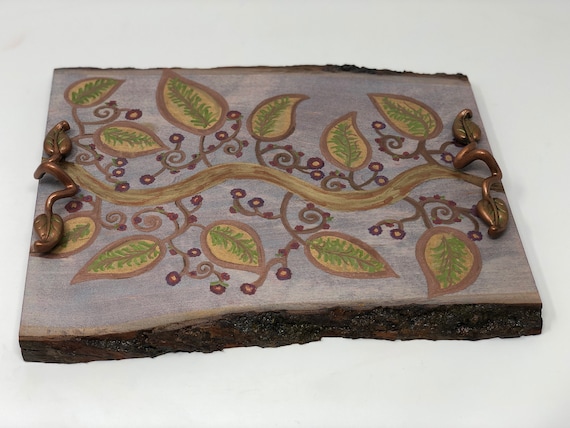 The Hidden Garden Scroll and Leaf Handmade and Handcrafted Woodburned Decor Tray For Coffee Tables Or Ottomans - Elegant Home Decor Design