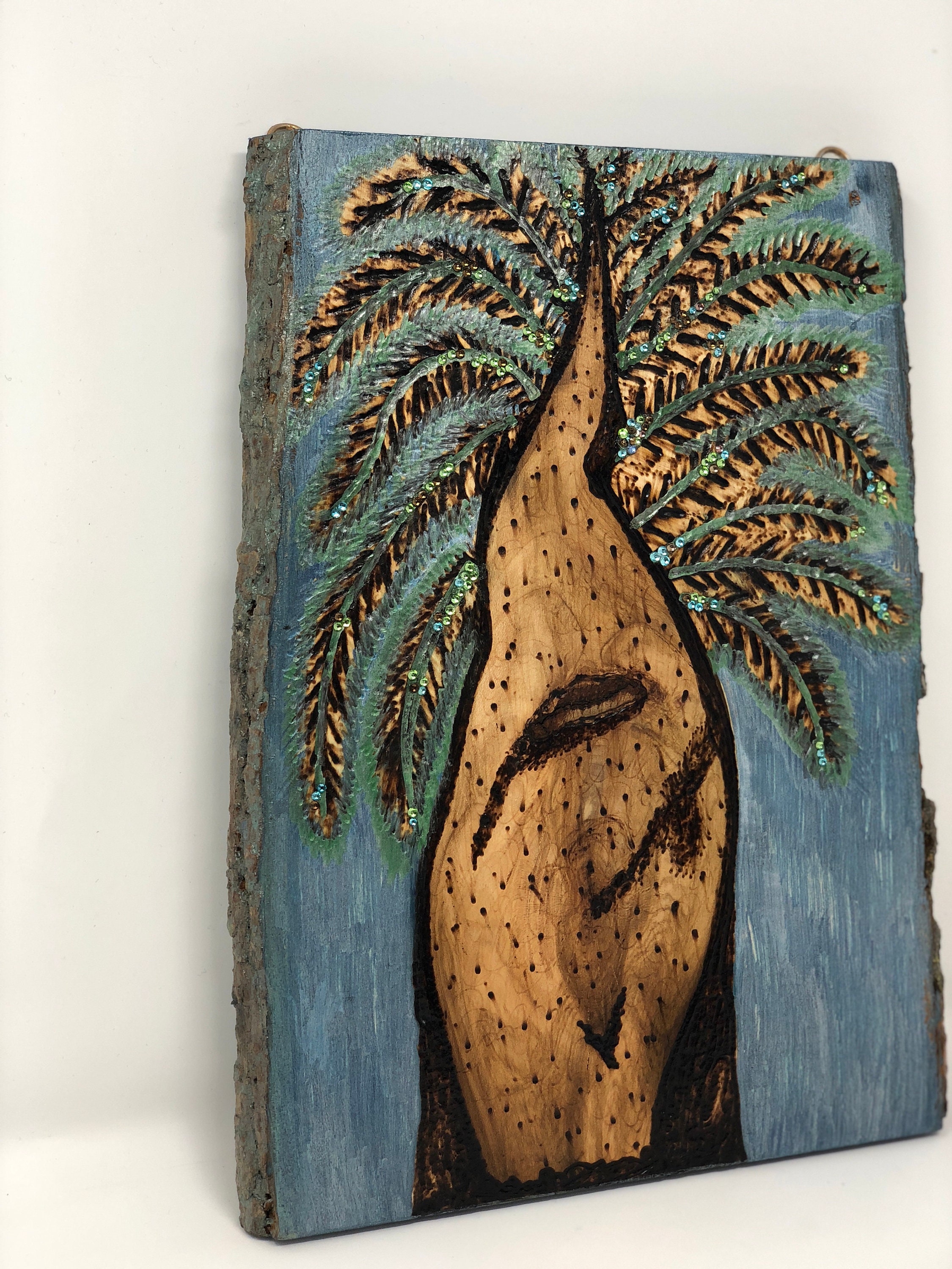Wooden Home Decor Wall Hanging with Woodburned Date Palm Tree Art With