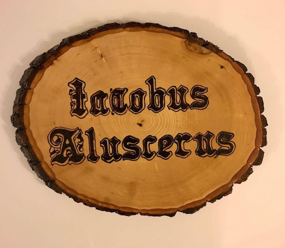 Custom Woodburned Name Plaque On Basswood Tree Slice. Bring Historical Latin English Or Arabic Calligraphic Script To Your Home Or Office