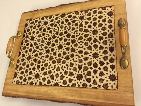 Decorative tray; Coffee table tray; Coaster tray; Moroccan design; Geometric Arabesque design; Islamic art; Medieval art; Marinid art;