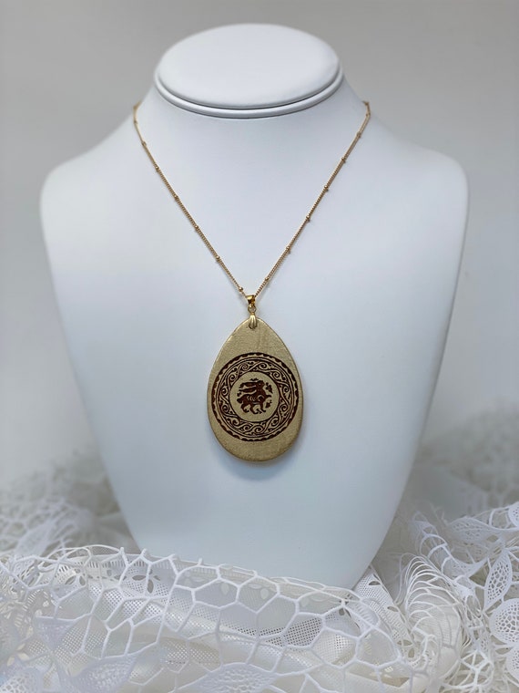 The Arabesque® Wooden Engraved Medieval Fatimid Bunny Arabesque Teardrop Pendant with 30" Brass and Iron Ball Chain Necklace