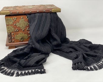 The Arabesque® Black Handmade Silky Sheer Crepe Fabric Striped Scarf With Elegant Tassel Lace Trim - Gorgeous Day and Evening Wear Accessory