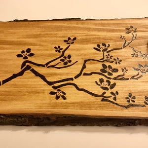 Decorative All Natural Wood Tray With Woodburned Cherry Blossom Motif (Ipswich Pine Stain). Home Or Office Coffee Table Decor
