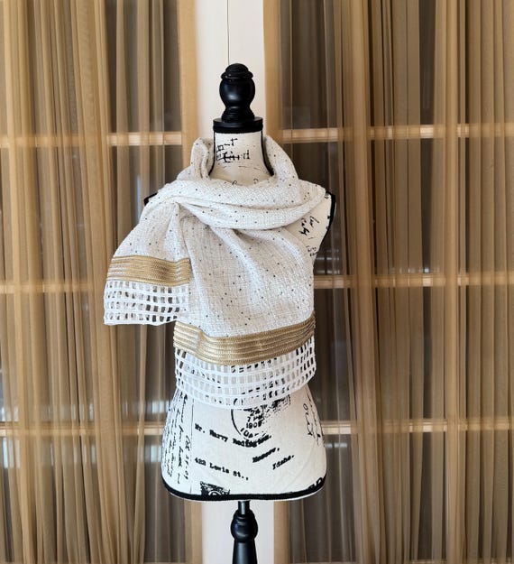 The Arabesque® Handmade Beaded Scarf With Beautiful Antique Metallic Gold Trim  and Lace - Day and Evening  Elegant Wear Accessory