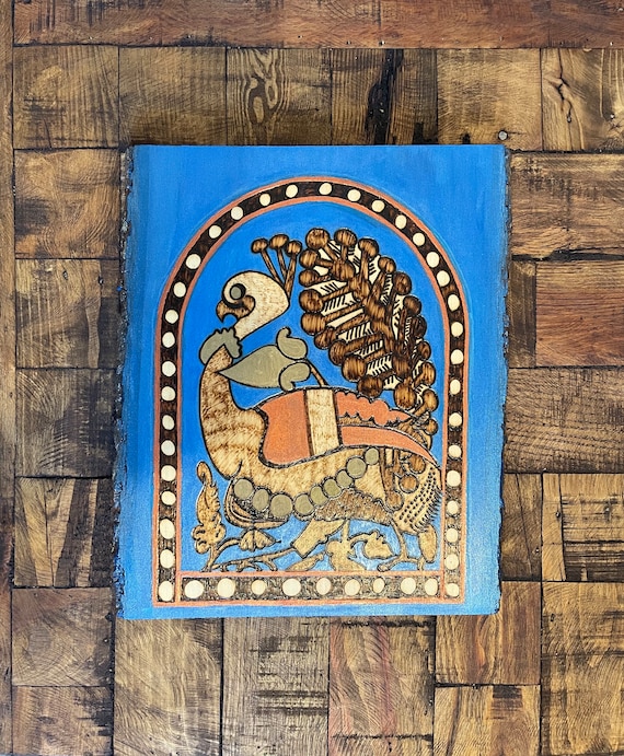 Wooden Wall Art Hanging With Woodburned Peacock And Arabesque Motif From Medieval Norman Sicily - Palermo; Islamic Art; Christian Art;