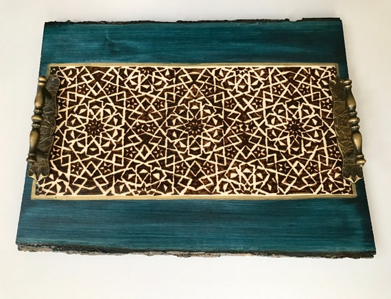 Decorative Tray; Coaster tray; Coffee table tray; Wooden Serving Platter; Geometric Arabesque; wood decor; Mamluk Art; Medieval Islamic Art;