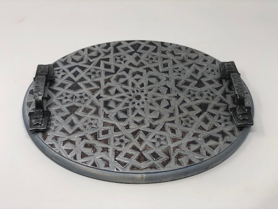 The Arabesque® Silver 11 x 14" Oval Medieval Mamluk Geometric Arabesque Design Tray: Islamic Art; Home Decor; Coffee Table or Ottoman Tray