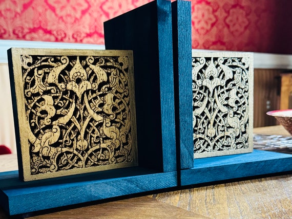 The Arabesque® Mamluk Style Home Decor Wooden Bookends With laser etched Arabesque Pattern And Medieval Islamic Artwork Design