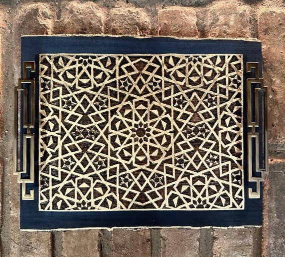 Wooden Old World Decorative Tray; Coaster tray; Coffee table tray; Golden Geometric Arabesque; wood decor; Mamluk Art; Medieval Islamic Art;