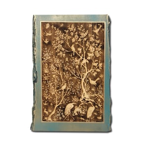 The Arabesque® &quot;A Persian Hummingbird Garden&quot; Modern, Rustic, And Medieval Wooden Engraved Wall Hanging on Basswood with Natural Bark