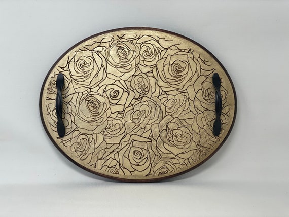 The Arabesque® - Exquisite Handmade and Handcrafted Laser Engraved Wooden Rose Bouquet Tray for Coffee Table or Ottoman - Elegant Home Decor