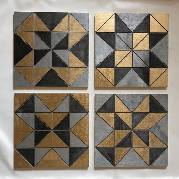 The Arabesque® Wooden and Modern Geometric Square Tile Wall Hanging (Set of 4). Each Square 11.5 x 11.5 inches