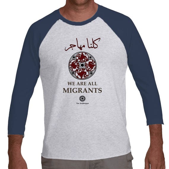 We Are All Migrants Triblend 3/4 Premium Cotton Raglan Medieval Camel Shirt By The Arabesque