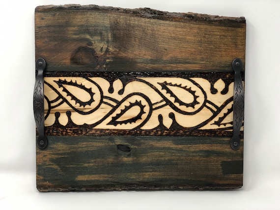 The Arabesque Handcrafted Decorative Unique Woodburned Basswood Tray With Medieval Mamluk Arabesque Pattern - Antique Moss Finish