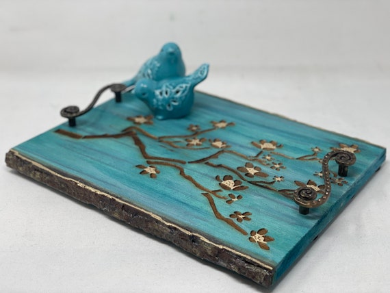 Decorative All Natural Wood Tray With Laser Engraved Cherry Blossom Motif (Blue). Home Or Office Coffee Table Decor