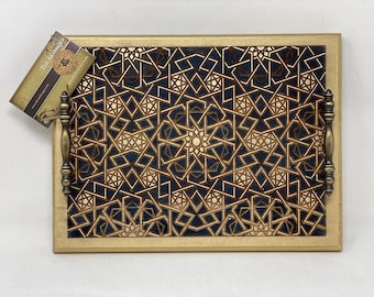 Engraved Arabesque Wooden Tray, Islamic Geometric Decor