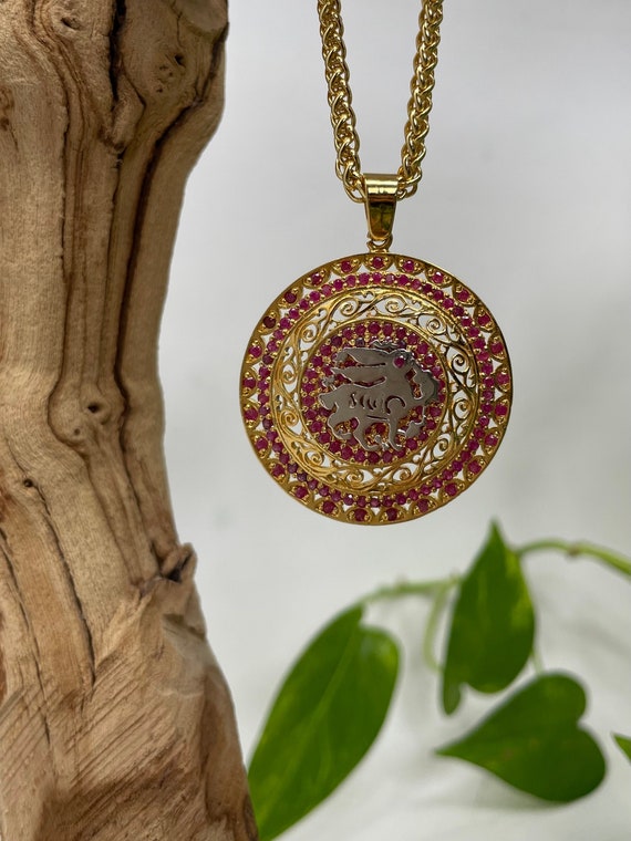 The Arabesque® Medieval Fatimid Bunny Arabesque, Sterling Silver, gold polish, rubies Pendant with Necklace