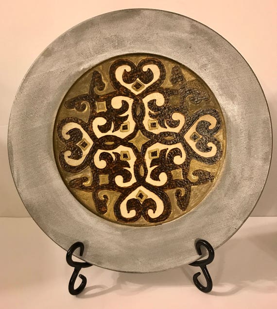 Medieval Arabesque Art Inspired Decorative Wood Plate With Antique Silver and Gold Finish And Woodburned Design