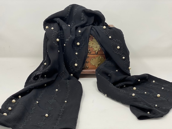 The Arabesque® Handmade Beautiful and Elegant Midnight Black Rayon  Designer Scarf With Embroidered Geometric Pattern & Pearl Embellishments