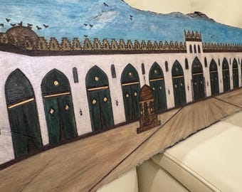 Fatimid Mosque Wood Wall Art: Hand-Burnt Arabesque Design