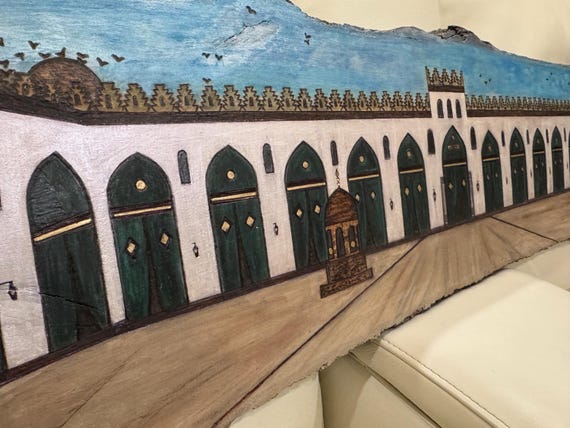 Fatimid Mosque Wood Wall Art: Hand-Burnt Arabesque Design