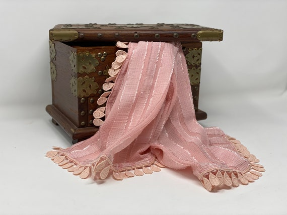 The Arabesque® Pink Handmade Silky Sheer Crepe Fabric Striped Scarf With Beautiful Teardrop Lace Trim. Elegant Day or Evening Wear Accessory