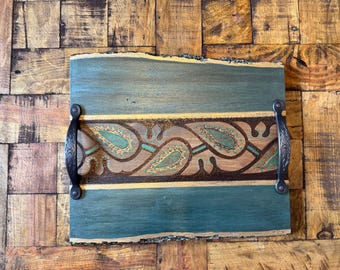The Arabesque Handmade and Handcrafted Decorative Wood Tray With Medieval Egyptian Arabesque Pattern (Peacock Blue, Green, and Gold Finish)
