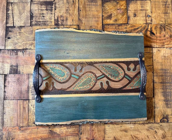 The Arabesque Handmade and Handcrafted Decorative Wood Tray With Medieval Egyptian Arabesque Pattern (Peacock Blue, Green, and Gold Finish)