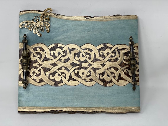 The Arabesque® Medieval Mamluk Arabesque Patterned Wooden Decor Tray with Antique Vintage Upcycled Brass Handles and Butterfly