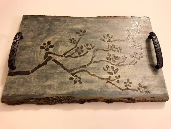 Decorative All Natural Wood Tray With Woodburned Cherry Blossom Motif (Storm Grey). Home Or Office Coffee Table Decor