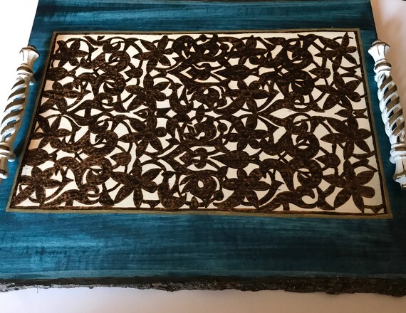 Alhambra Themed Decorative Wooden Coffee Table Tray with Natural Live Edge. Sophisticated Home Or Office Decor With A Little Bit of History