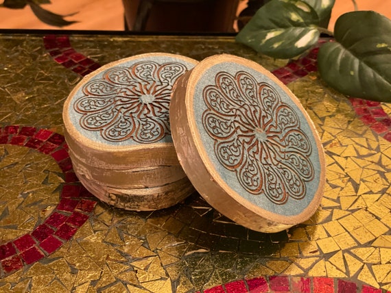 The Arabesque® Natural Wood Coaster Set (of 4) with Laser Engraved Medieval Style Arabesque Pattern (Ask about Wholesale Pricing)