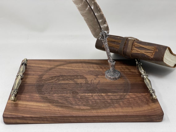 The Arabesque® Natural Walnut Wood Tray or Cheese Plate with Medieval World Map of the Sicilian Geographer al-Idrisi