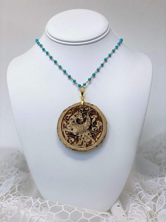 The Arabesque® Engraved Medieval Pegasus Horse Arabesque Natural Wood Pendant with Turquoise Stone and 24k Gold Plated 30" Rosary Chain