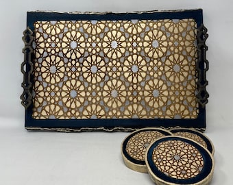 The Arabesque® Decorative Wooden Tray With Medieval Islamic Geometric Engraved Arabesque Pattern, Decor, Ottaman Tray with Coaster Set of 4